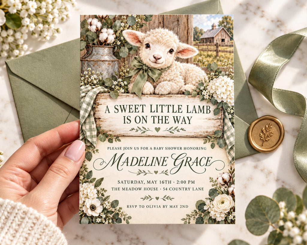A hand holding a baby shower invitation featuring a lamb and floral decorations.