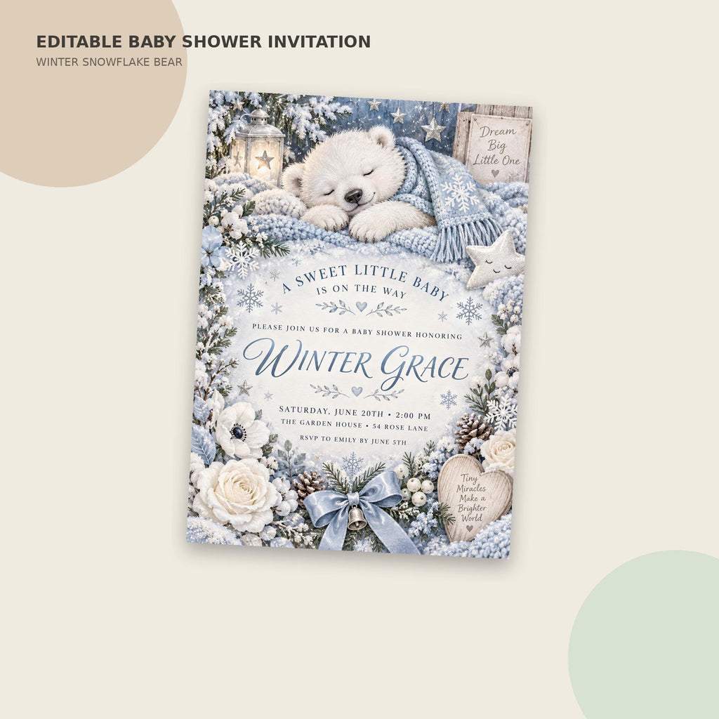 The image is a baby shower invitation featuring a winter scene with a sleeping baby bear surrounded by snowflakes, pine cones, and flowers. The invitation is for a baby shower honoring Winter Grace.