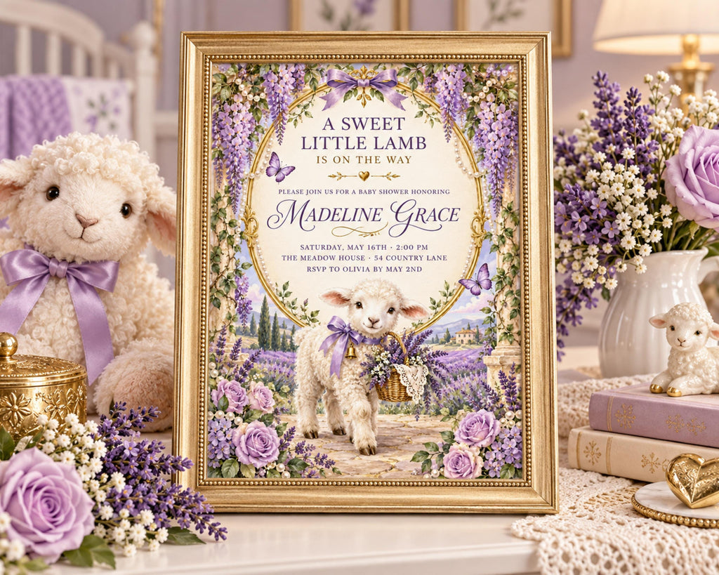 A framed baby shower invitation for Madelynine Grace, featuring a lamb and lavender flowers, with a purple and white color scheme.