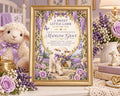 A framed baby shower invitation for Madelynine Grace, featuring a lamb and lavender flowers, with a purple and white color scheme.