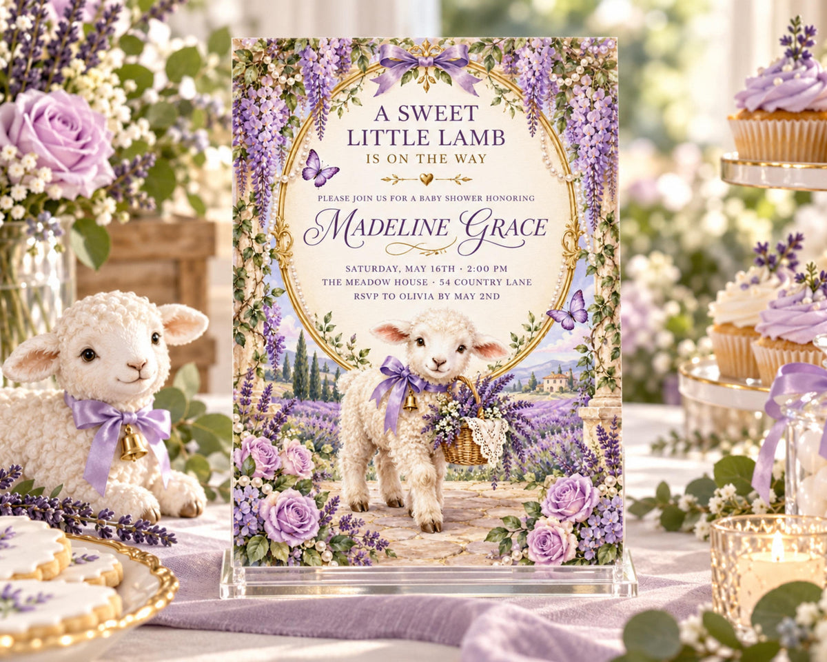 The image is a baby shower invitation featuring a lamb theme, with purple flowers and a pastoral scene. The invitation is displayed on a stand, surrounded by decorations and baked goods, creating a festive atmosphere.