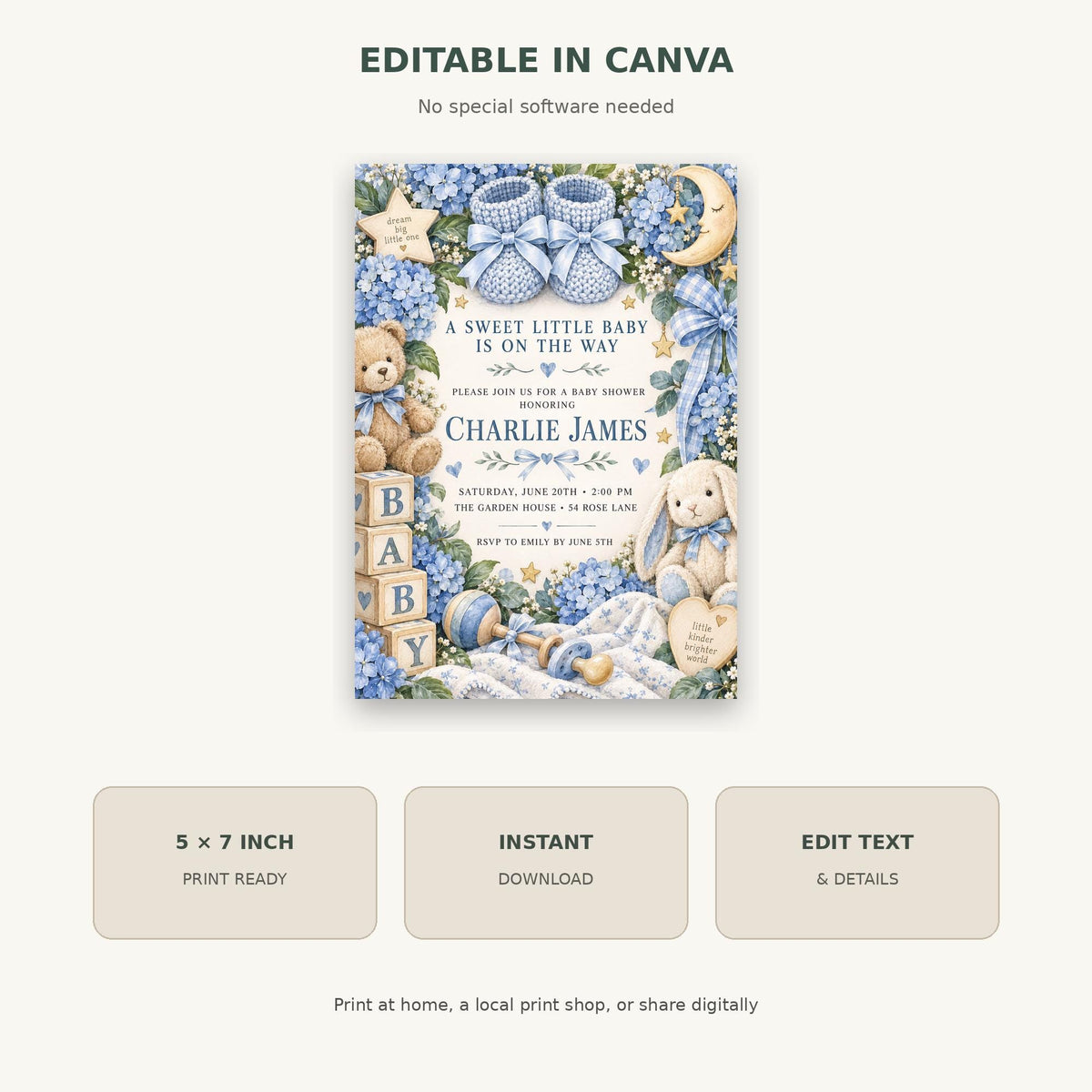 The image is a baby shower invitation featuring a sweet baby theme with blue and white colors, along with illustrations of teddy bears, flowers, and baby booties.