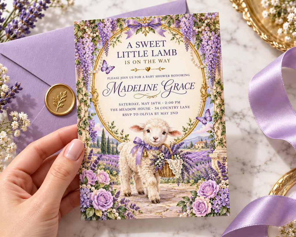 A hand holding a purple baby shower invitation featuring a lamb and flowers, with a purple ribbon and a gold envelope visible in the background.