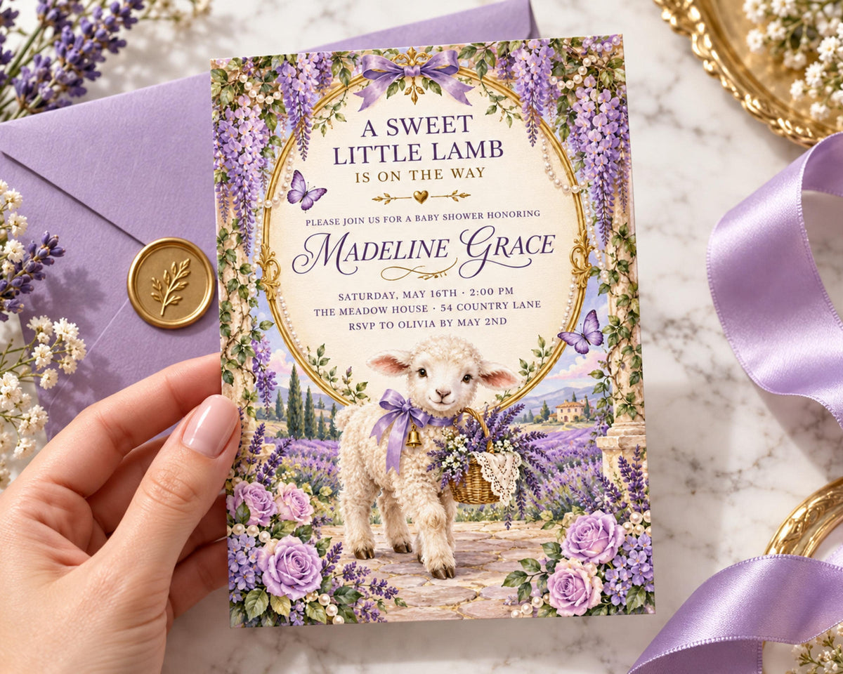 A hand holding a purple baby shower invitation featuring a lamb and flowers, with a purple ribbon and a gold envelope visible in the background.