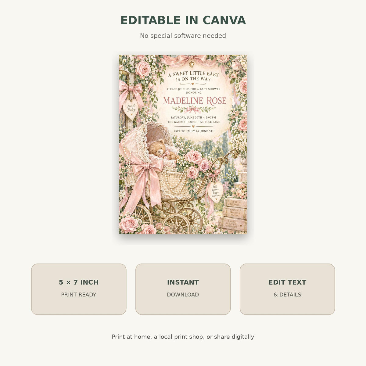 The image is a printed invitation card featuring a baby shower theme with a baby carriage and pink flowers.