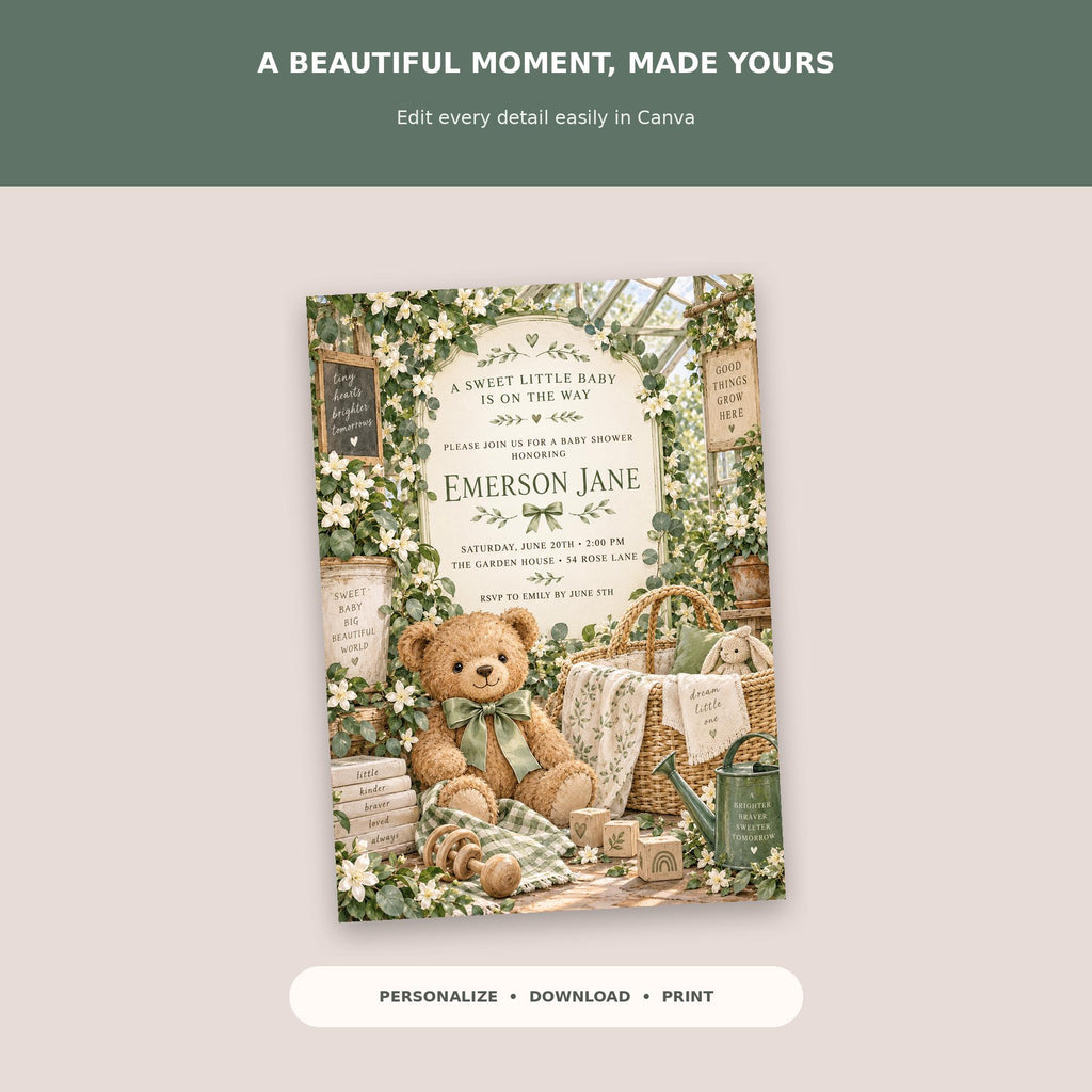 A teddy bear sitting on a blanket surrounded by baby items, with a sign that says "A beautiful moment, made YOURS" and a banner that says "Emerson Jane".