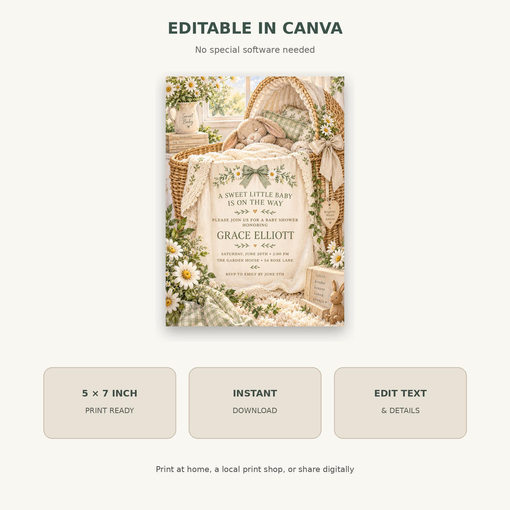 The image is a baby shower invitation featuring a sweet little baby and a basket of flowers.