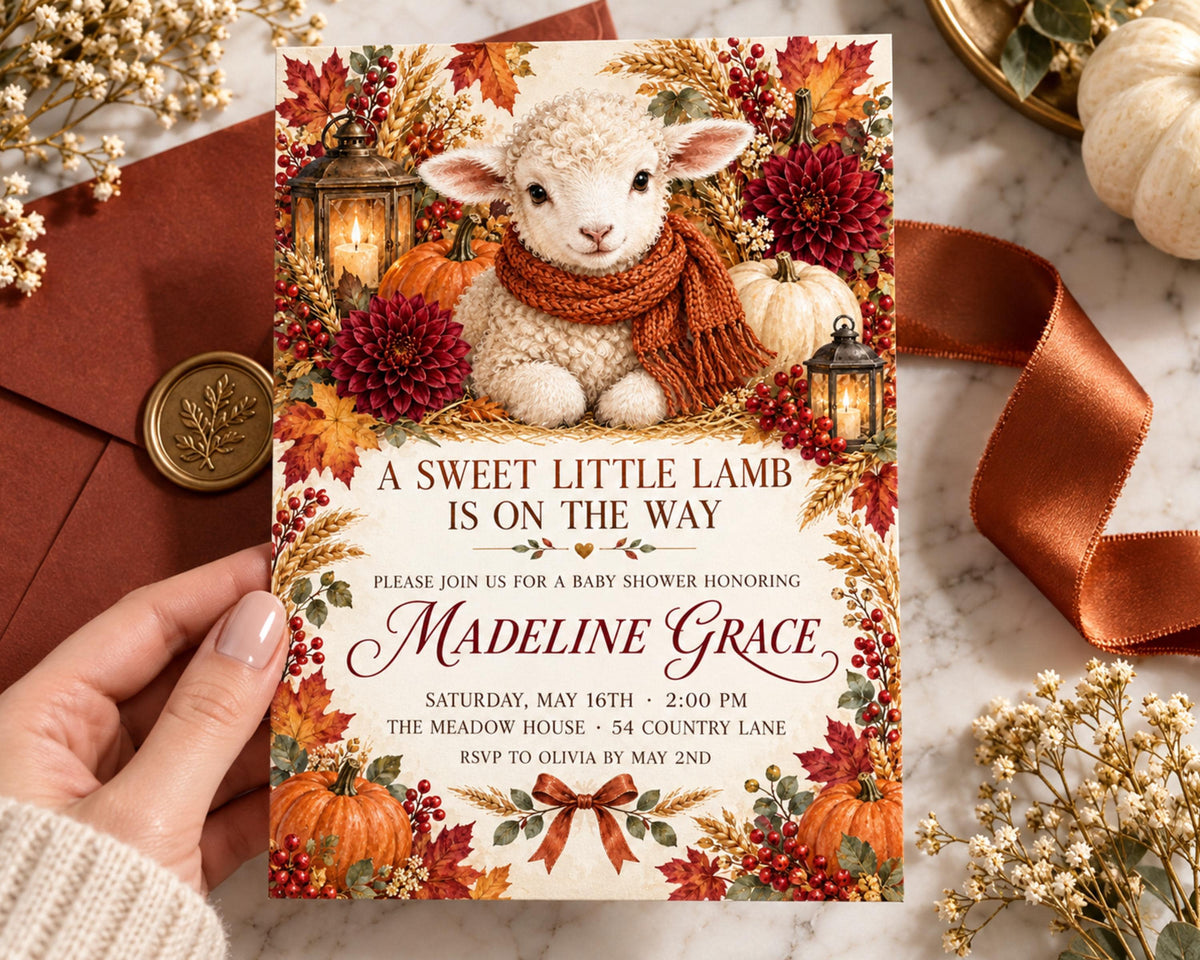 A hand holding a baby shower invitation featuring a lamb, pumpkins, and autumn leaves, with a red ribbon and other fall decorations in the background.