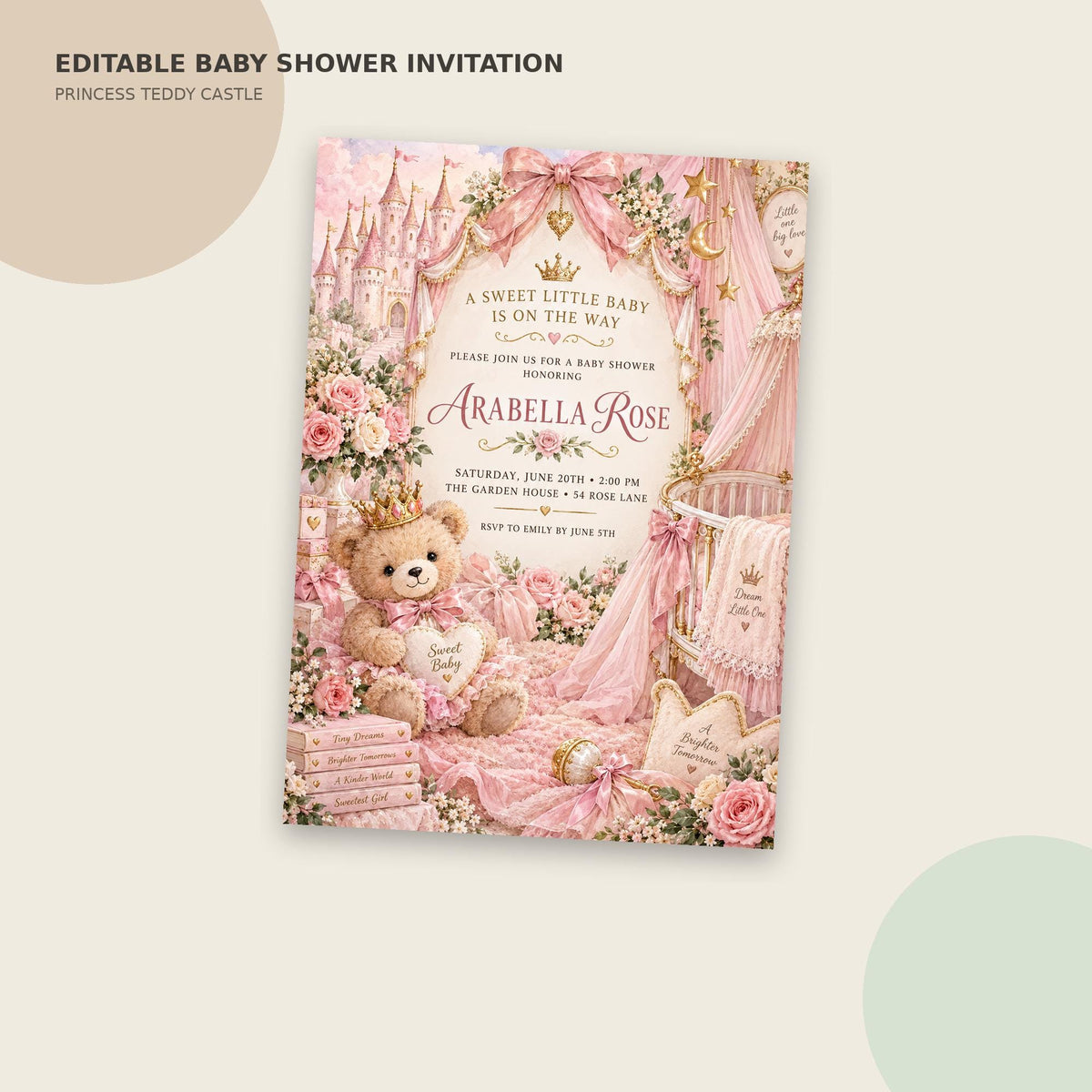 The image is an invitation card for a baby shower, featuring a pink and white color scheme with a teddy bear and a castle-like background.