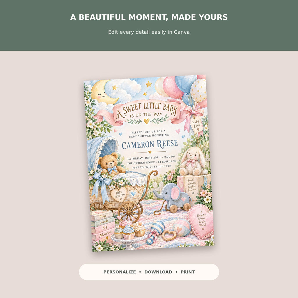 A colorful baby shower invitation featuring a sweet baby theme with illustrations of a baby carriage, teddy bears, and other baby-related items.