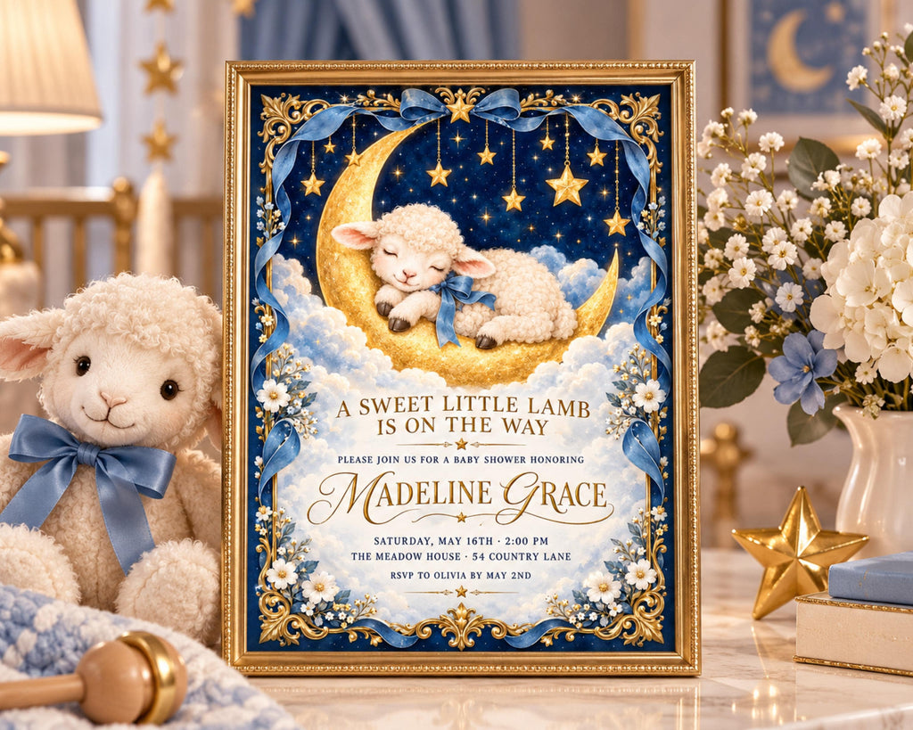 A framed baby shower invitation with a lamb illustration and a night sky background, featuring a stuffed lamb and flowers.