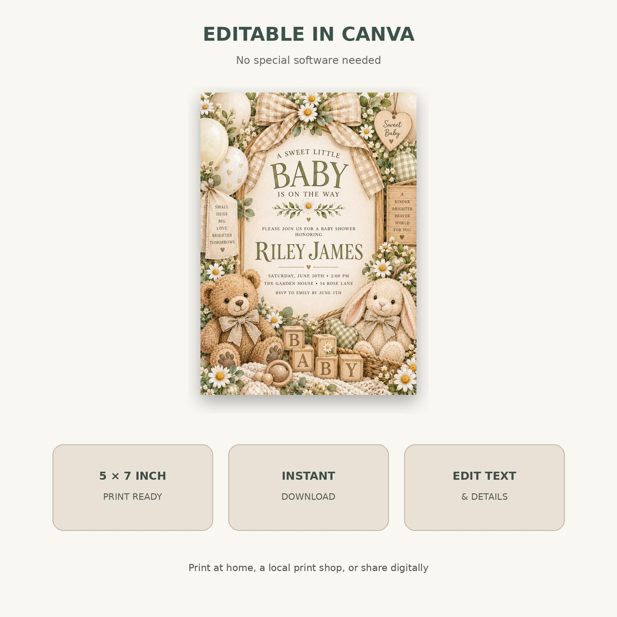 The image is a digital printout of a baby announcement featuring a sweet little baby surrounded by teddy bears and other baby-themed elements.