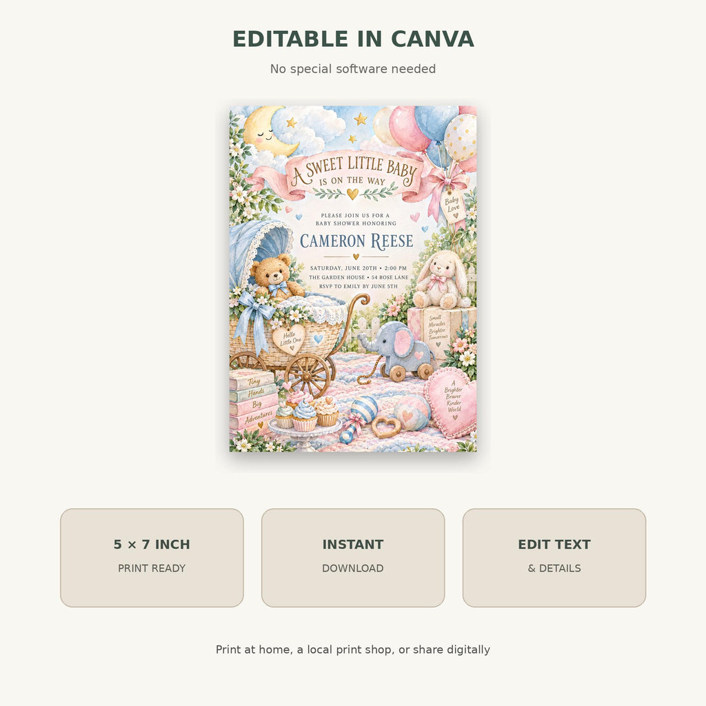 The image is a colorful invitation card for a baby shower, featuring illustrations of a baby carriage, teddy bears, and other baby-themed elements.