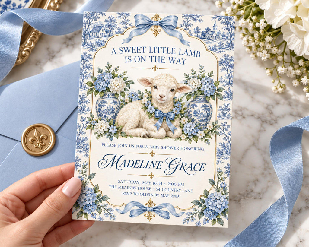 A hand holding a baby shower invitation with a lamb illustration and floral designs.