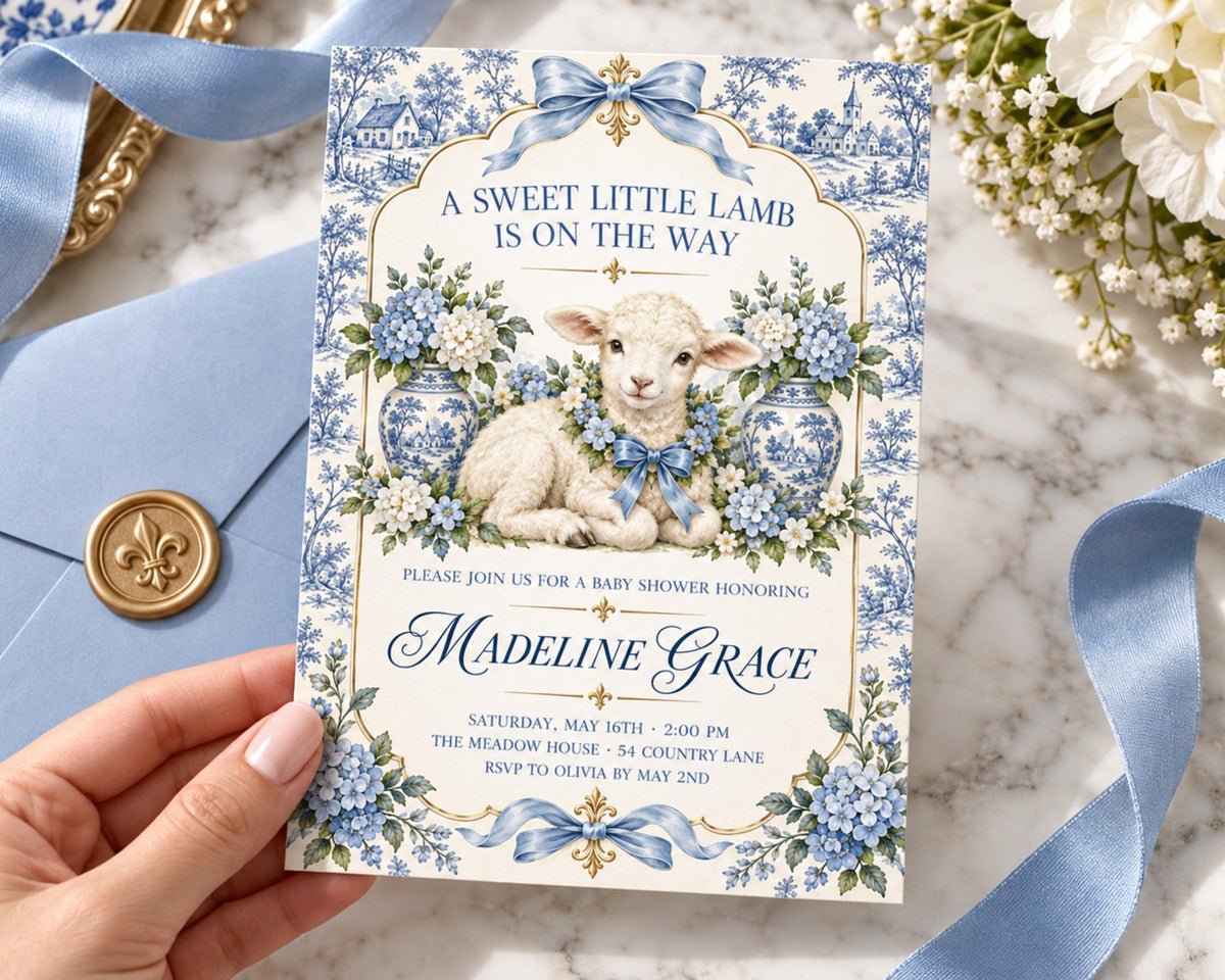 A hand holding a baby shower invitation with a lamb illustration and floral designs.