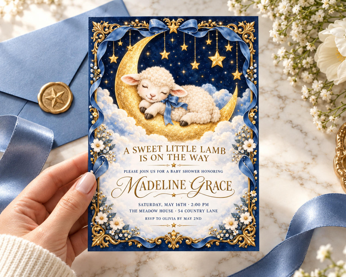 A hand holding a baby shower invitation with a lamb on a crescent moon and stars, surrounded by blue and gold decorations.