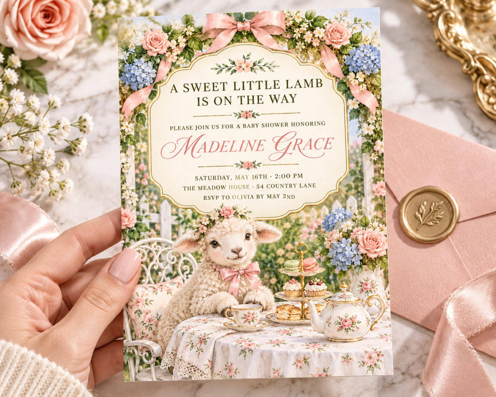 A hand holding a baby shower invitation featuring a lamb and a tea party scene, with a floral border and a pink ribbon.
