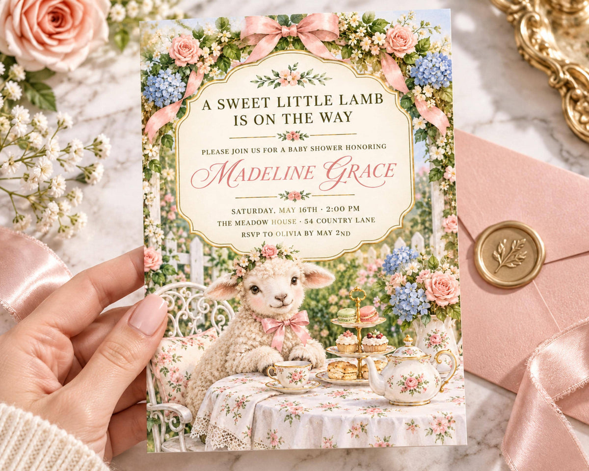A hand holding a baby shower invitation featuring a lamb and a tea party scene, with a floral border and a pink ribbon.