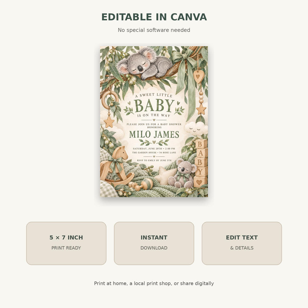 The image is a baby shower invitation featuring a koala and other animals, with text and decorative elements.