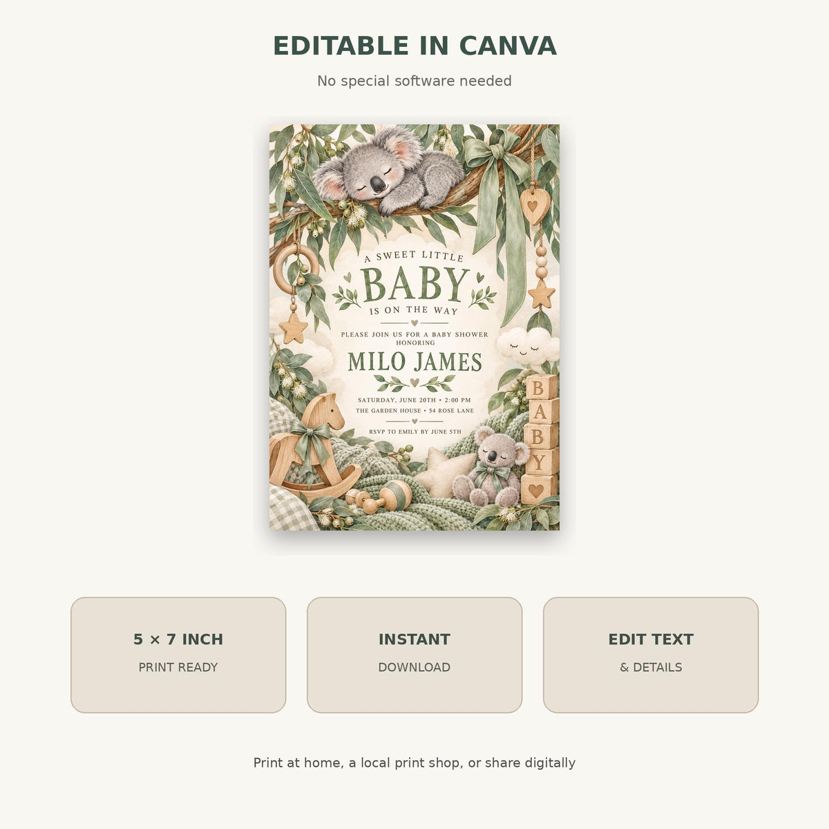 The image is a baby shower invitation featuring a koala and other animals, with text and decorative elements.