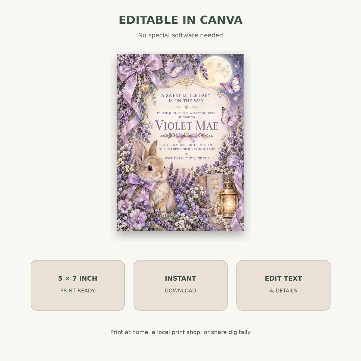 The image is a digital invitation featuring a cute rabbit surrounded by purple flowers and a full moon.