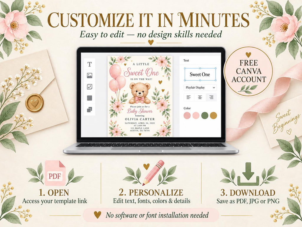 The image is a promotional graphic for a customizable baby shower invitation service. It features a laptop displaying a baby shower invitation design, along with various options for personalizing and printing the invitation.