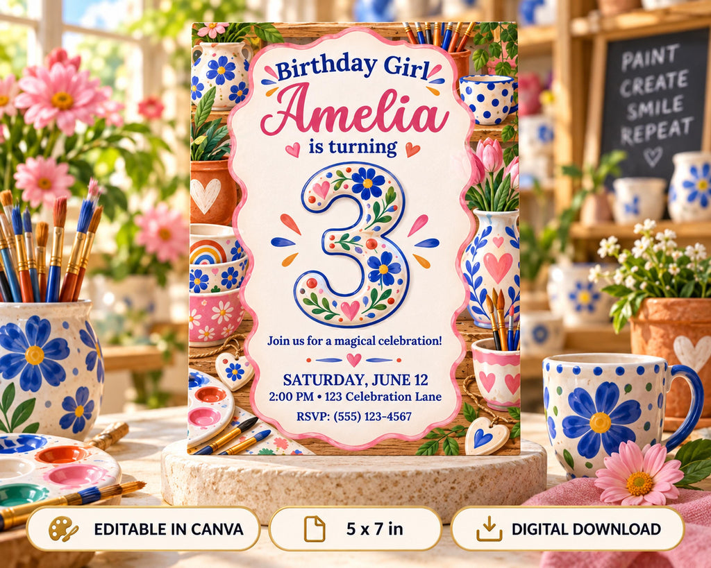 Birthday party invitation for a girl named Amelia turning 3 years old.