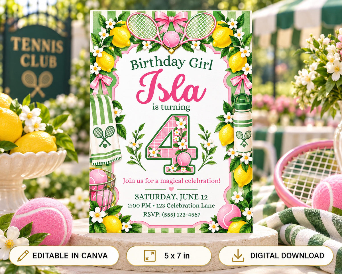 Birthday invitation for a girl turning 4, featuring tennis-themed decorations and a tennis racket.