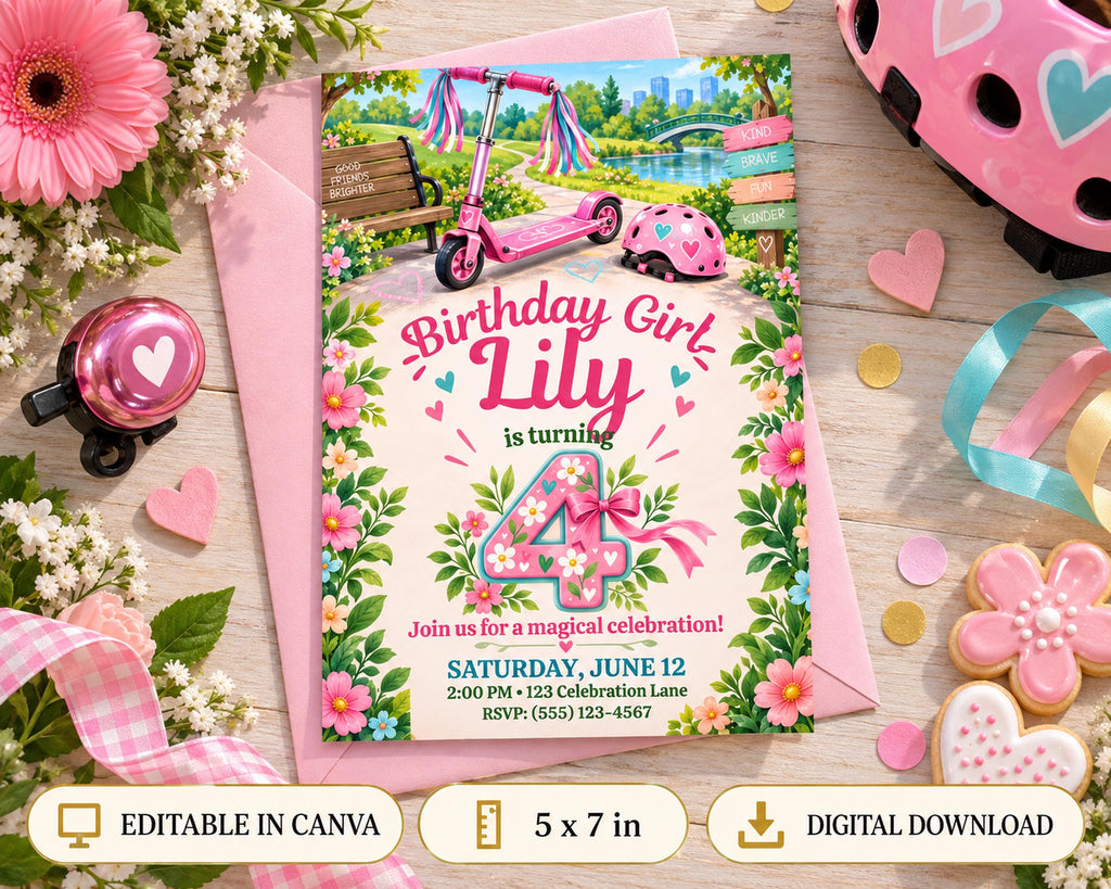 Birthday invitation for a girl named Lily, featuring a pink scooter, flowers, and other decorative elements.