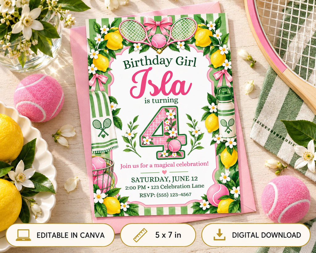 Birthday invitation for a girl turning 4, featuring tennis balls, lemons, and flowers, with a pink and green color scheme.
