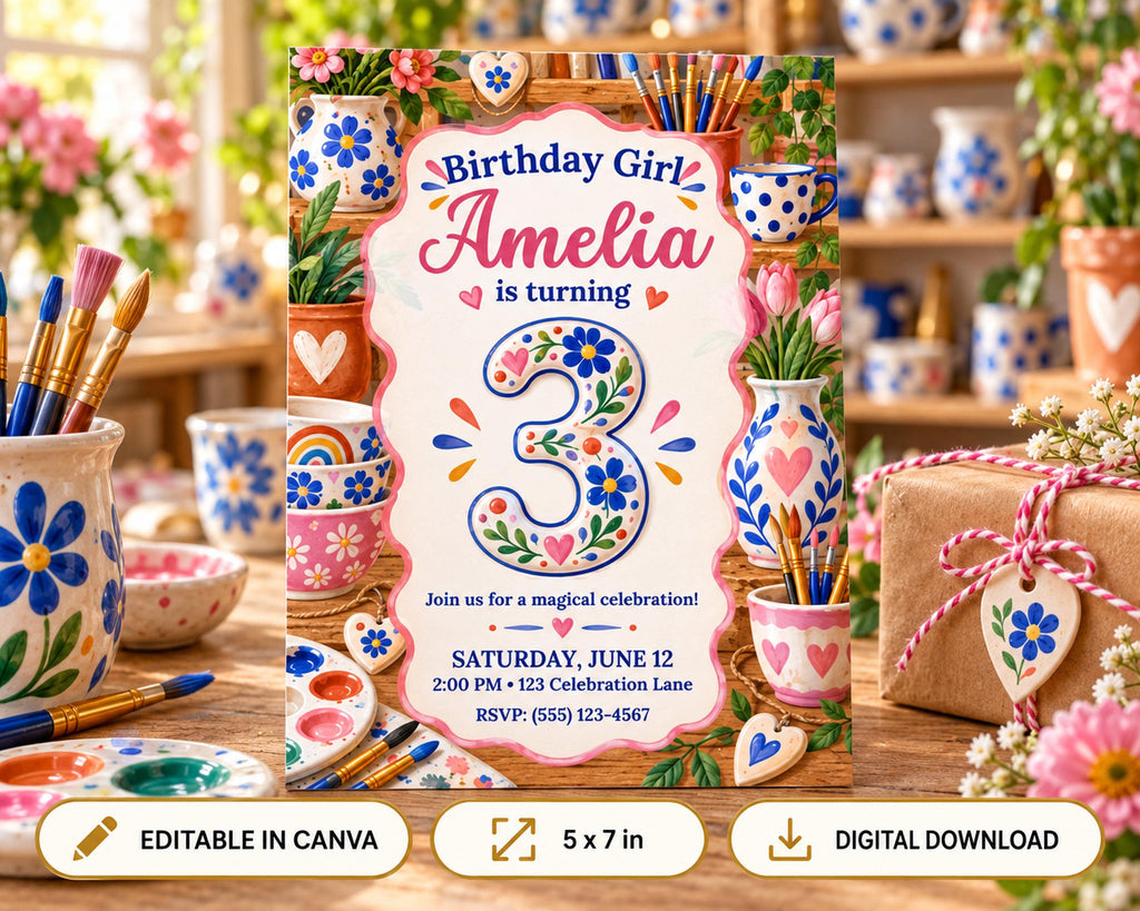 Birthday party invitation for a girl named Amelia, featuring a colorful and whimsical design with various decorative elements such as flowers, pots, and paintbrushes.