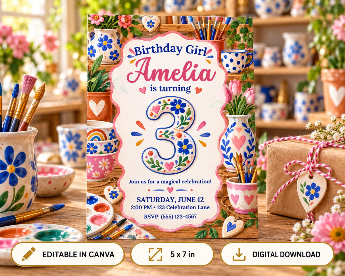 Birthday party invitation for a girl named Amelia, featuring a colorful and whimsical design with various decorative elements such as flowers, pots, and paintbrushes.