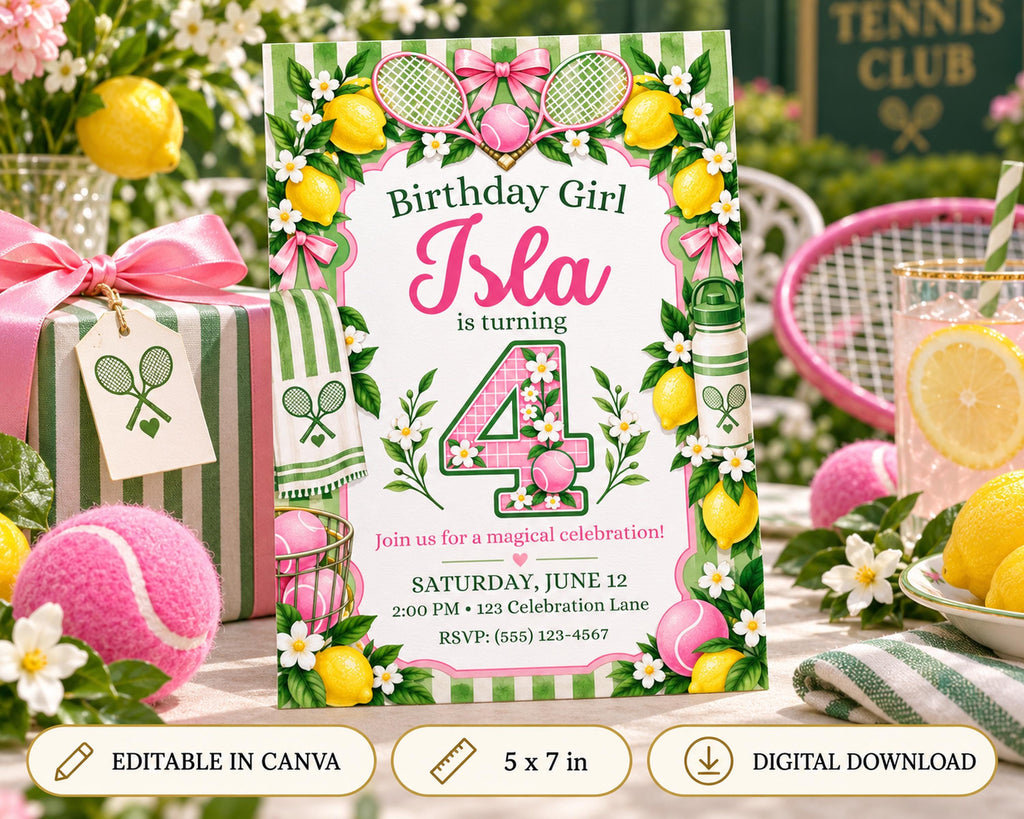 A birthday invitation for a girl named Isla, featuring tennis-themed decorations and a tennis racket.