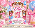 A birthday party invitation for a girl named Ella, featuring illustrations of dogs and balloons, with a pink and blue color scheme.