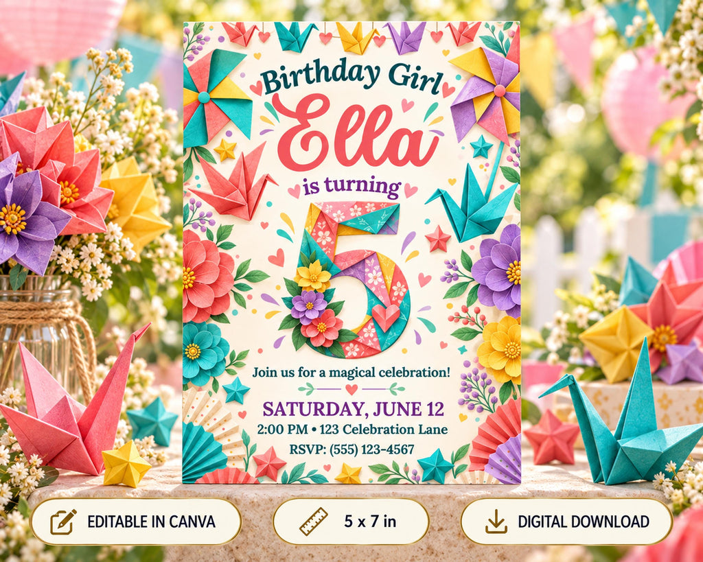 A colorful birthday invitation for a girl named Ella, celebrating her 5th birthday. The invitation features a variety of vibrant flowers, origami, and other decorative elements surrounding the text.