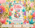 A colorful birthday invitation for a girl named Ella, celebrating her 5th birthday. The invitation features a variety of vibrant flowers, origami, and other decorative elements surrounding the text.