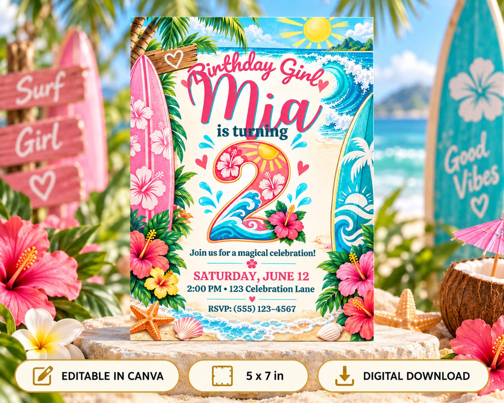 A colorful birthday invitation for a girl named Mia, celebrating her 2nd birthday. The invitation features tropical elements such as flowers, palm trees, and surfboards, creating a beach-themed atmosphere.