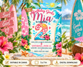 A colorful birthday invitation for a girl named Mia, celebrating her 2nd birthday. The invitation features tropical elements such as flowers, palm trees, and surfboards, creating a beach-themed atmosphere.