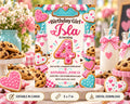 A birthday party invitation for a girl named Isla, featuring a variety of cookies, cakes, and other sweet treats. The invitation is surrounded by cookies and milk bottles, creating a festive atmosphere.