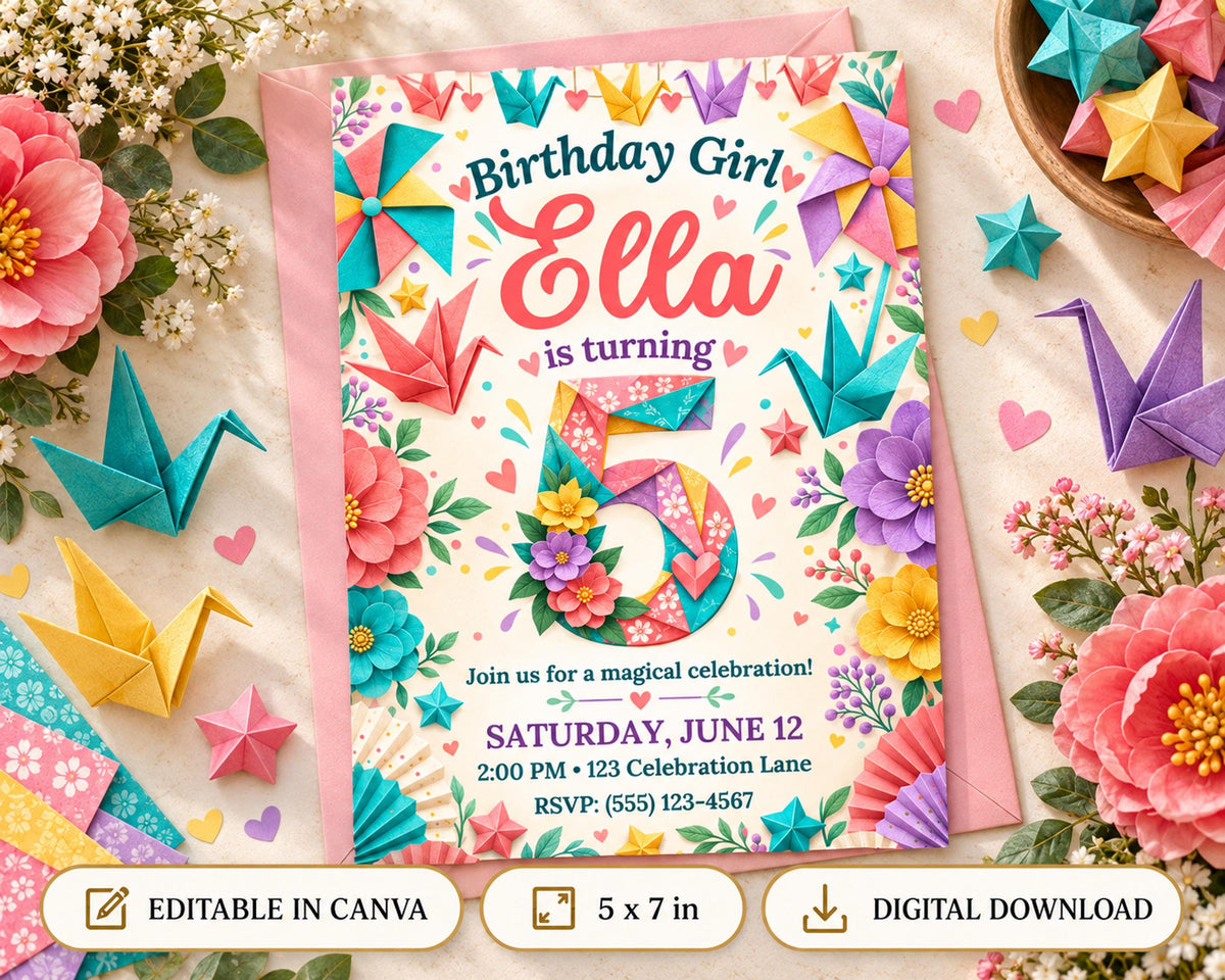 The image is a birthday invitation for a girl named Ella, featuring colorful paper flowers, origami, and a number 5 design.