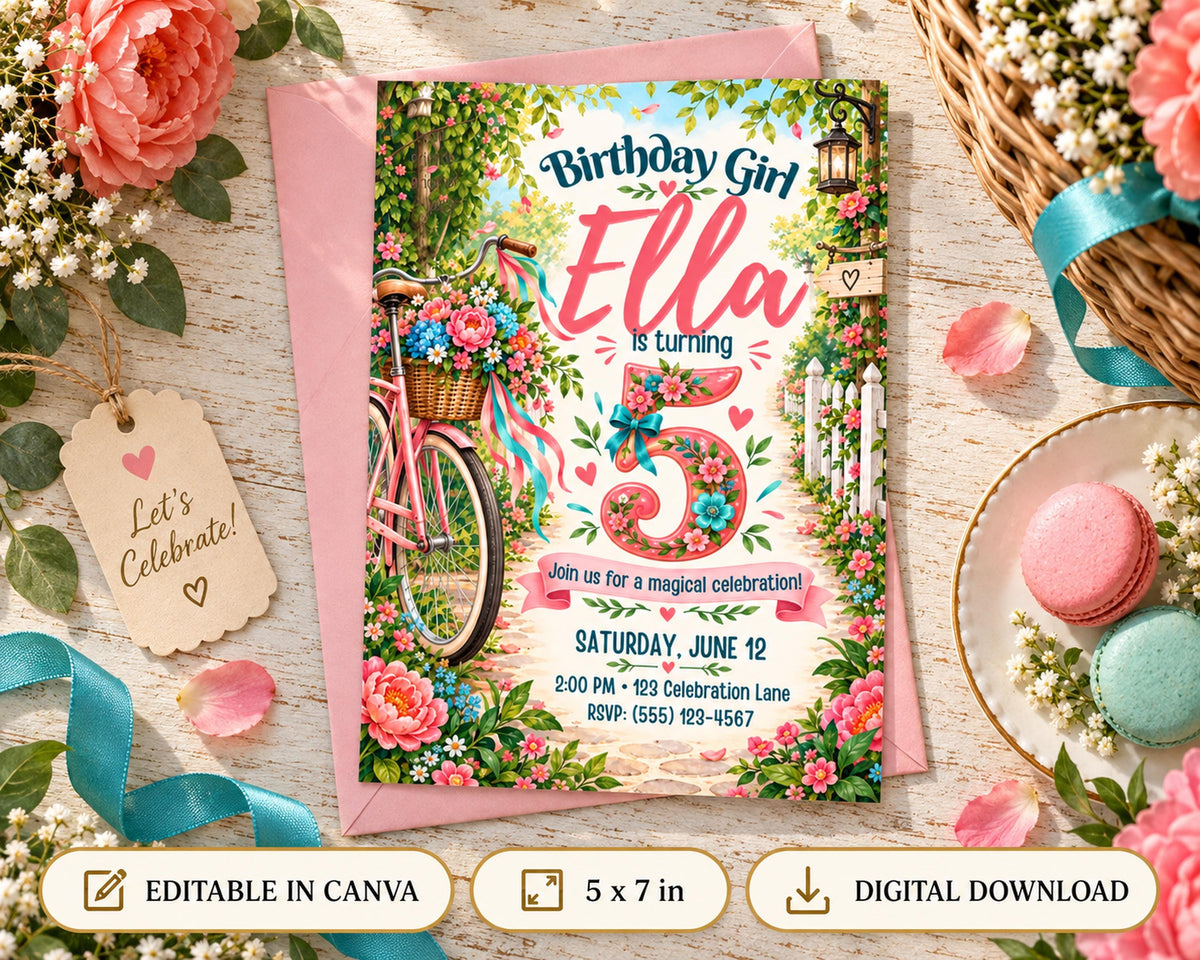A birthday invitation for a girl named Ella, featuring a bicycle and flowers, with a pink envelope and a wicker basket. The invitation is surrounded by flowers and macarons, and there is a tag that says "Let's Celebrate!".