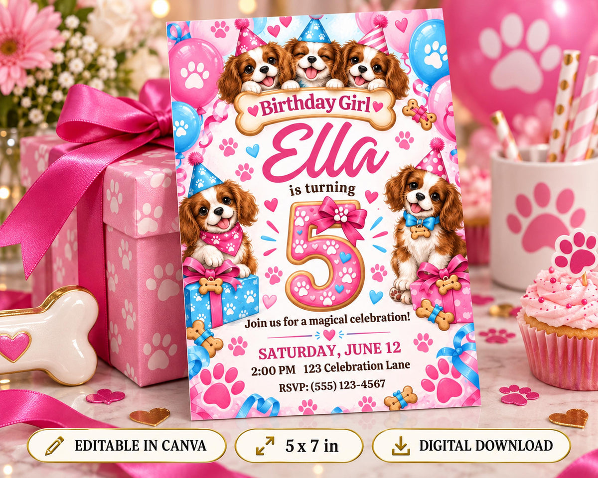 A birthday party invitation for a girl named Ella, featuring illustrations of dogs and a pink and blue color scheme.