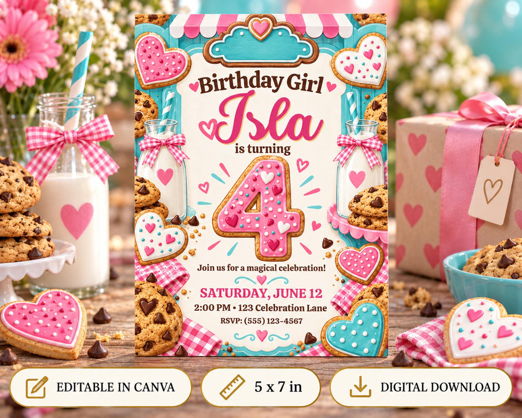 A birthday invitation for a girl named Isla, featuring a whimsical design with cookies, hearts, and a cake. The invitation is surrounded by various birthday party items, including cookies, a cake, and a gift box.
