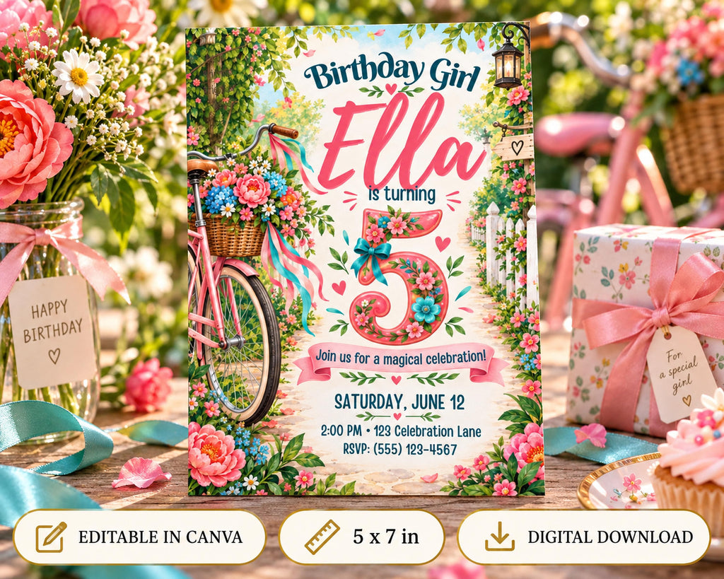 The image is a birthday invitation for a girl named Ella, featuring a bicycle and flowers as decorative elements. The invitation is for a magical celebration on Saturday, June 12th at 2:00 PM, at 123 Celebration Lane, RSVP: (55) - 145-4567. The invitation also includes options to edit the invitation in Canva and download it as a digital file.