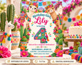 A colorful birthday invitation featuring llamas and flowers, with the text "Birthday Girl Lily is turning 4" and details about the celebration.