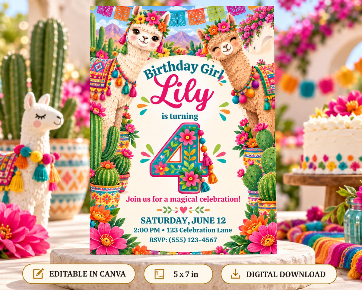 A colorful birthday invitation featuring llamas and flowers, with the text "Birthday Girl Lily is turning 4" and details about the celebration.