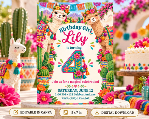 A colorful birthday invitation featuring llamas and flowers, with the text "Birthday Girl Lily is turning 4" and details about the celebration.