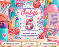 A birthday party invitation for a girl named Charlotte, featuring basketball and star-themed decorations, along with details about the event.