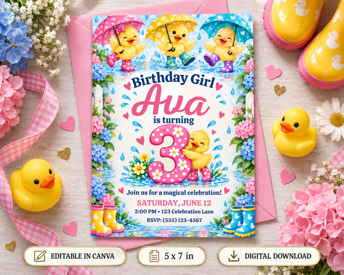 The image is a birthday invitation featuring a cartoon duck theme, with ducks holding umbrellas and flowers surrounding the text. The invitation is for a 3-year-old girl's birthday party.