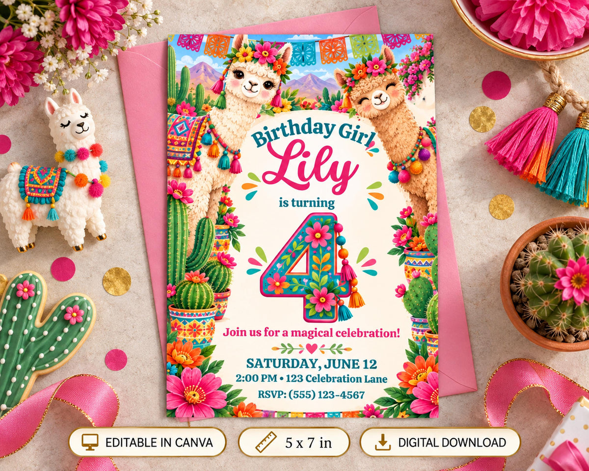 The image is a birthday invitation for a girl named Lilly, featuring colorful llama and cactus decorations, along with other festive elements such as flowers and tassels.